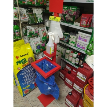 Stojak na płyn do dezynfekcji i rękawiczki