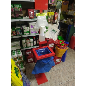 Stojak na płyn do dezynfekcji i rękawiczki